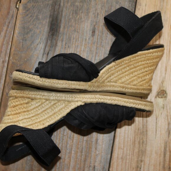 Jasmin Bueno Black Sandals Jute Wedge Criss-Cross Front Canvas Size 7 Pre-Loved - Picture 4 of 9